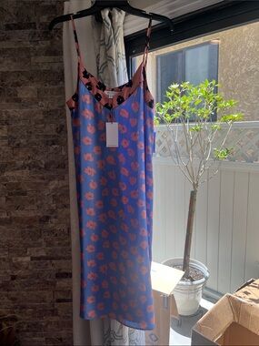 Equipment Blue Midi Slip Dress with Pink Floral Motif